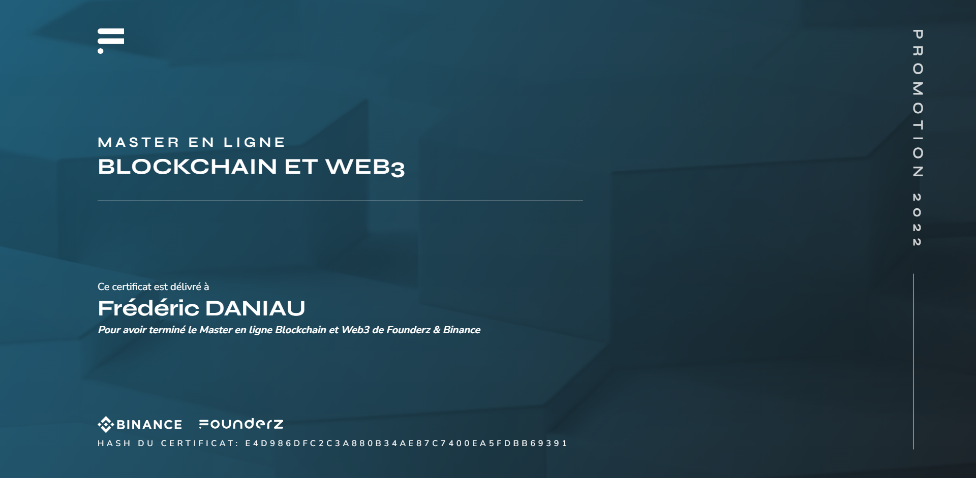Certificat Masterclass Blockchain et web3 par FounderZ et Binance